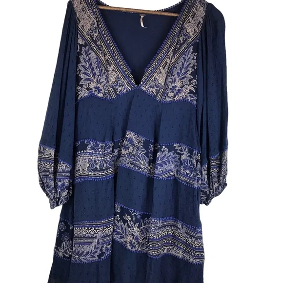 Free People My Love Mini Dress Sz Small S Indigo Blue Pom Pom Paisley Boho Chic - Picture 6 of 15